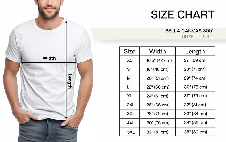May include: Size chart for Bella Canvas 3001 unisex t-shirt. The chart shows the width and length measurements in inches and centimetres for sizes XS to 5XL.