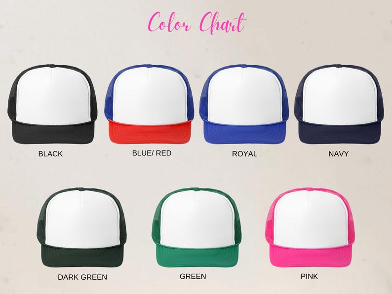 Puede incluir: Una carta de colores que muestra gorras de camionero en varios colores. Las gorras tienen un panel frontal blanco, una parte trasera de malla y una visera de color. Los colores incluyen negro, azul/rojo, azul real, marino, verde oscuro, verde y rosa. El texto "Color Chart" est&aacute; en la parte superior.