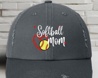 Custom Softball Mom Hat, Softball Grandma, Gigi, Mimi, Nana Hat, Gift for Mom, Softball Heart Hat Gift for Her, Game Day Hat