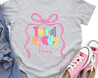 Personalized Girls Third Grade Shirt, Custom First Day of School Shirt, Back to School Coquette Bow Shirt, 3rd Grade Shirt with Name