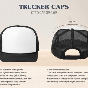 Puede incluir: Gorra de camionero negra y blanca con frente de espuma blanca y parte trasera de malla negra. La gorra mide 9 cm de alto y 7,7 cm de profundidad, con una circunferencia de 58 cm. Incluye cierre de presi&oacute;n de pl&aacute;stico ajustable.