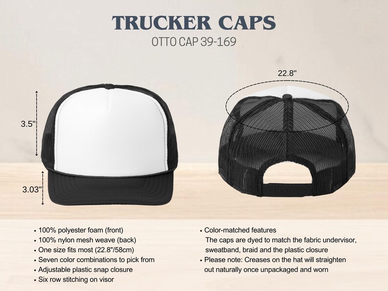 Puede incluir: Gorra de camionero negra y blanca con frente de espuma blanca y parte trasera de malla negra. La gorra mide 9 cm de alto y 7,7 cm de profundidad, con una circunferencia de 58 cm. Incluye cierre de presi&oacute;n de pl&aacute;stico ajustable.