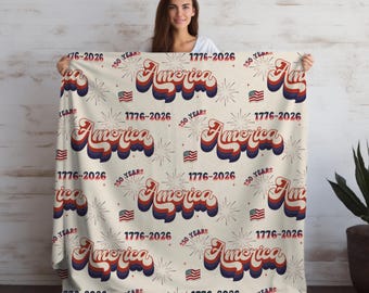 Retro America Plush Blanket, USA 250 Years Home Decor, Patriotic Housewarming Gift, Americana Throw, 4th of July