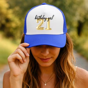 21st Birthday Girl and Birthday Crew Trucker Hats, Gift for Girlfriend, 21 Birthday Girls Trip, Custom Location 21st Birthday Party Hats Royal
