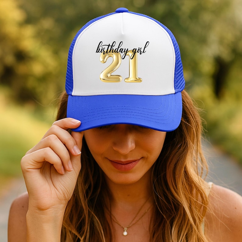 21st Birthday Girl and Birthday Crew Trucker Hats, Gift for Girlfriend, 21 Birthday Girls Trip, Custom Location 21st Birthday Party Hats Royal