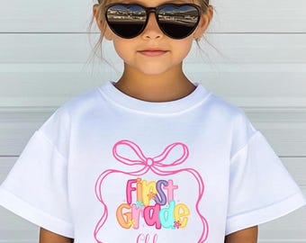 Personalized Girls First Grade Shirt, Custom First Day of School Shirt 1st Grade Back to School Shirt Hello First Grade Kids Shirt with Name