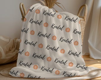 Custom Name Pumpkin Sherpa Fleece Blanket, Kids Customized Fall Blanket Throw, Personalized Halloween Blanket, Children's gifts