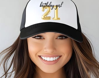 21st Birthday Girl and Birthday Crew Trucker Hats, Gift for Girlfriend, 21 Birthday Girls Trip, Custom Location 21st Birthday Party Hats
