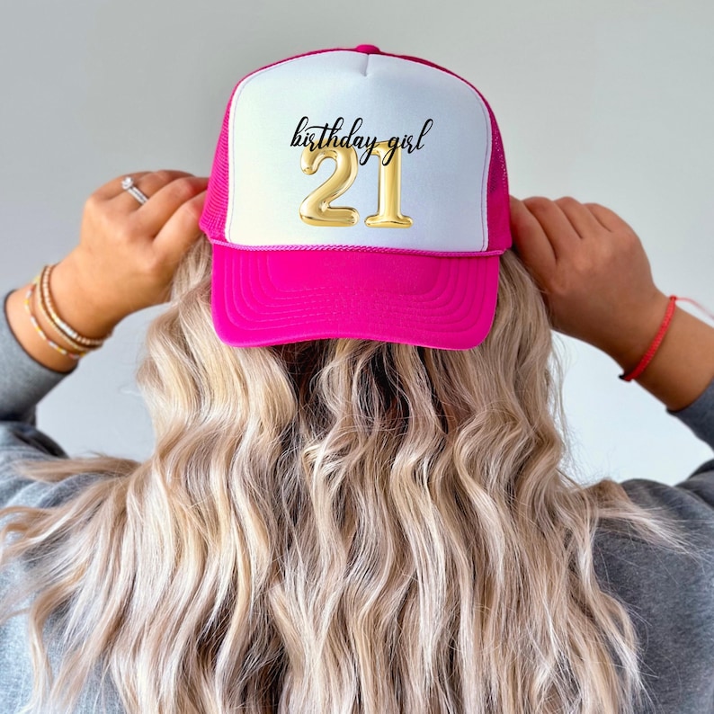 21st Birthday Girl and Birthday Crew Trucker Hats, Gift for Girlfriend, 21 Birthday Girls Trip, Custom Location 21st Birthday Party Hats Pink