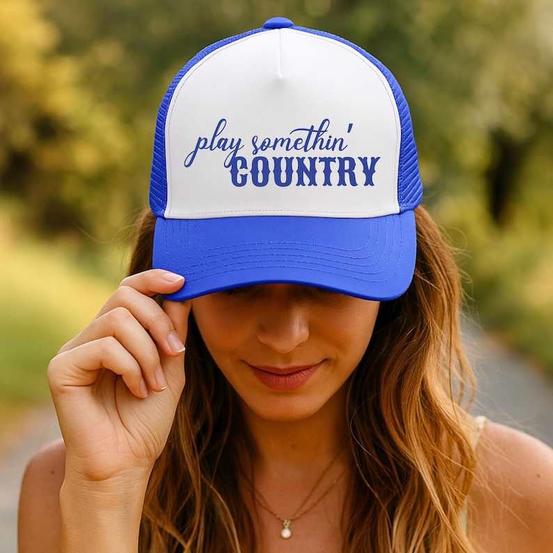 Gorra de camionero "Play Something Country", gorra de concierto "Western Cowgirl Country", gorra de festival de música country, regalo para mamá de rodeo, gorra de camionero de Nashville Royal