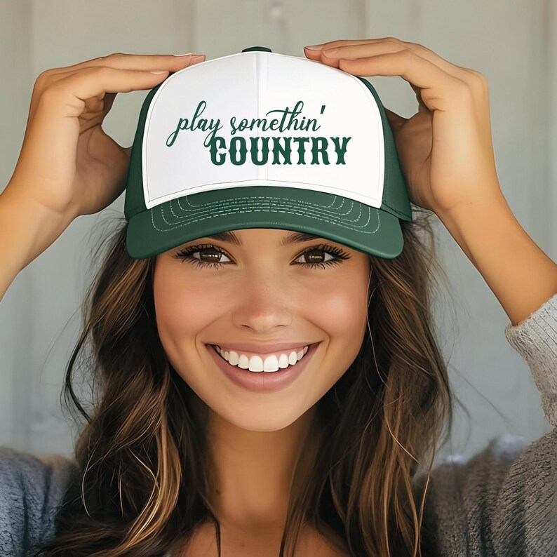 Gorra de camionero "Play Something Country", gorra de concierto "Western Cowgirl Country", gorra de festival de música country, regalo para mamá de rodeo, gorra de camionero de Nashville Dark Green