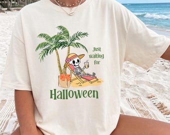 Comfort Colors Summerween Shirt, Just Waiting for Halloween Funny Vacation Shirt, Skeleton Beach Graphic Tee, Gift for Halloween Lover