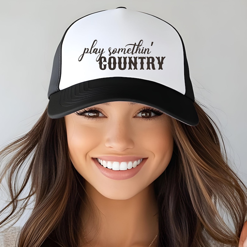 Gorra de camionero "Play Something Country", gorra de concierto "Western Cowgirl Country", gorra de festival de música country, regalo para mamá de rodeo, gorra de camionero de Nashville Black