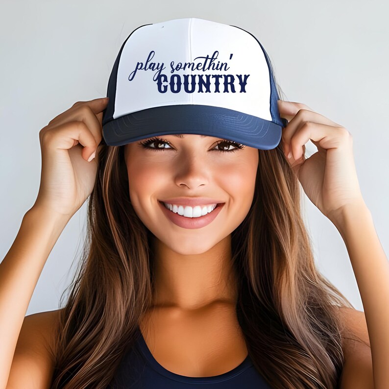 Gorra de camionero "Play Something Country", gorra de concierto "Western Cowgirl Country", gorra de festival de música country, regalo para mamá de rodeo, gorra de camionero de Nashville Dark Navy