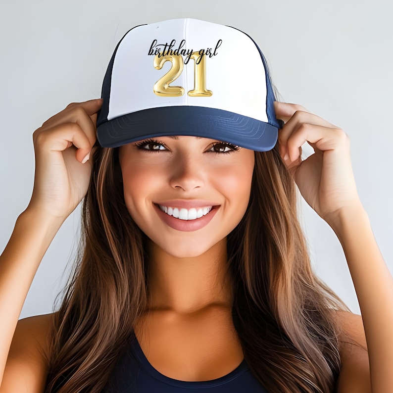 21st Birthday Girl and Birthday Crew Trucker Hats, Gift for Girlfriend, 21 Birthday Girls Trip, Custom Location 21st Birthday Party Hats Dark Navy
