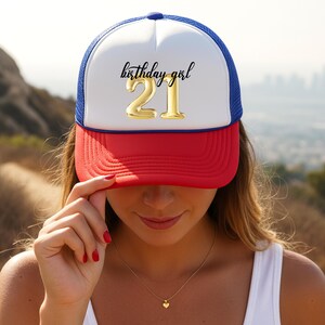 21st Birthday Girl and Birthday Crew Trucker Hats, Gift for Girlfriend, 21 Birthday Girls Trip, Custom Location 21st Birthday Party Hats Blue/Red