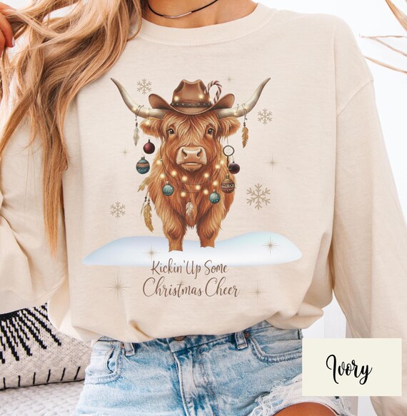 Christmas Highland Cow Sweatshirt, Western Christmas Cow Sweater, Cow Lover Long Sleeve Shirt, Funny Farm Cow Comfort Colors T-Shirt