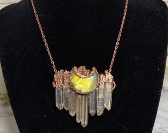 Labradorite Moon and Quartz Antiqued Copper Pendant Necklace