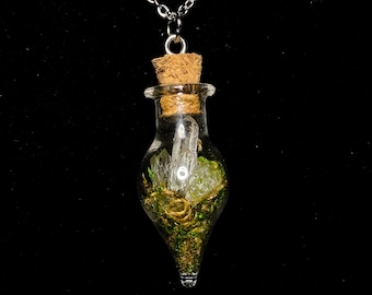 clear quartz point moss terrarium terrarium belljar Quartz crystal necklace real plant necklace