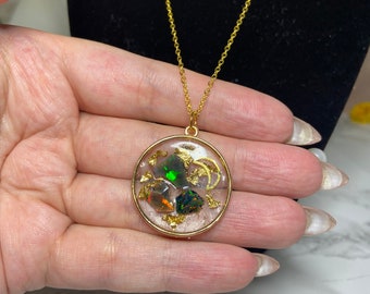 Black Opal and Gold Flake Resin Moon Necklace