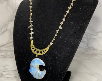 Opalite Wirewrapped Moon Necklace with Quartz Beaded Chain