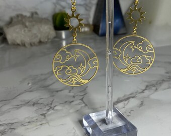 Brass Cloud Moon Sun Earrings