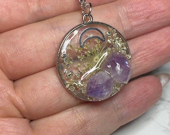 Amethyst Moon and Flowers Resin Necklace