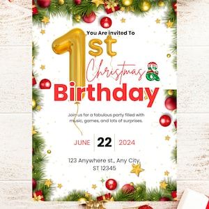 編集可能な1歳のクリスマス誕生日招待状 | ギフト交換クリスマスパーティー | ミニマリストクリスマスパーティー招待状 | 冬の誕生日パーティー