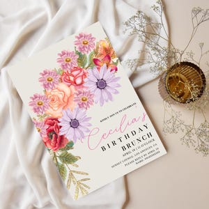 Bewerkbare sjabloon verjaardagsbrunch uitnodiging | Verjaardagsfeestje wilde bloemen lente en zomer | Boho Boho bloemen verjaardagsdiner uitnodiging