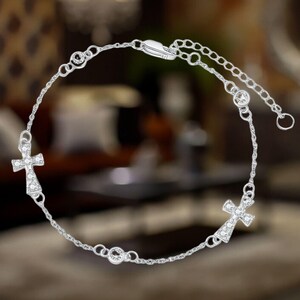 Cross Chain Bracelet for Women 925 Sterling Silver Dainty Shiny Christian Cross Silver Jewelry For Women