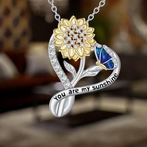 Sonnenblume Herz Halskette 925 Sterling Silber Love Herz Blumen Halskette für Frauen You Are My Sunshine