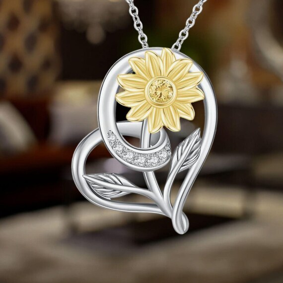 Sunflower Heart Necklace 925 Sterling Silver Sunflower Jewelry for