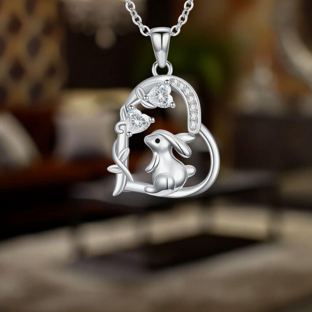 Rabbit Love Heart Necklace 925 Sterling Silver Animal Jewelry for Women ...