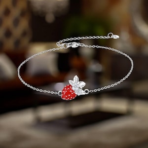Cute Strawberry Bracelet 925 Sterling Silver Fruit Berry Bracelet Strawberry Jewelry for Women Girls