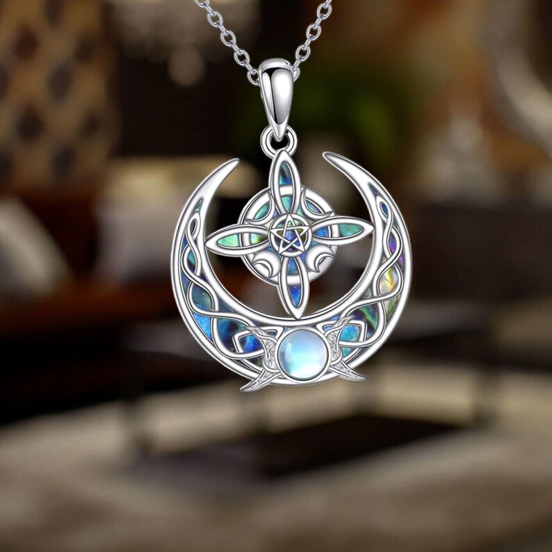 Triple Moon Goddess Celtic Necklace 925 Sterling Silver Moonstone ...