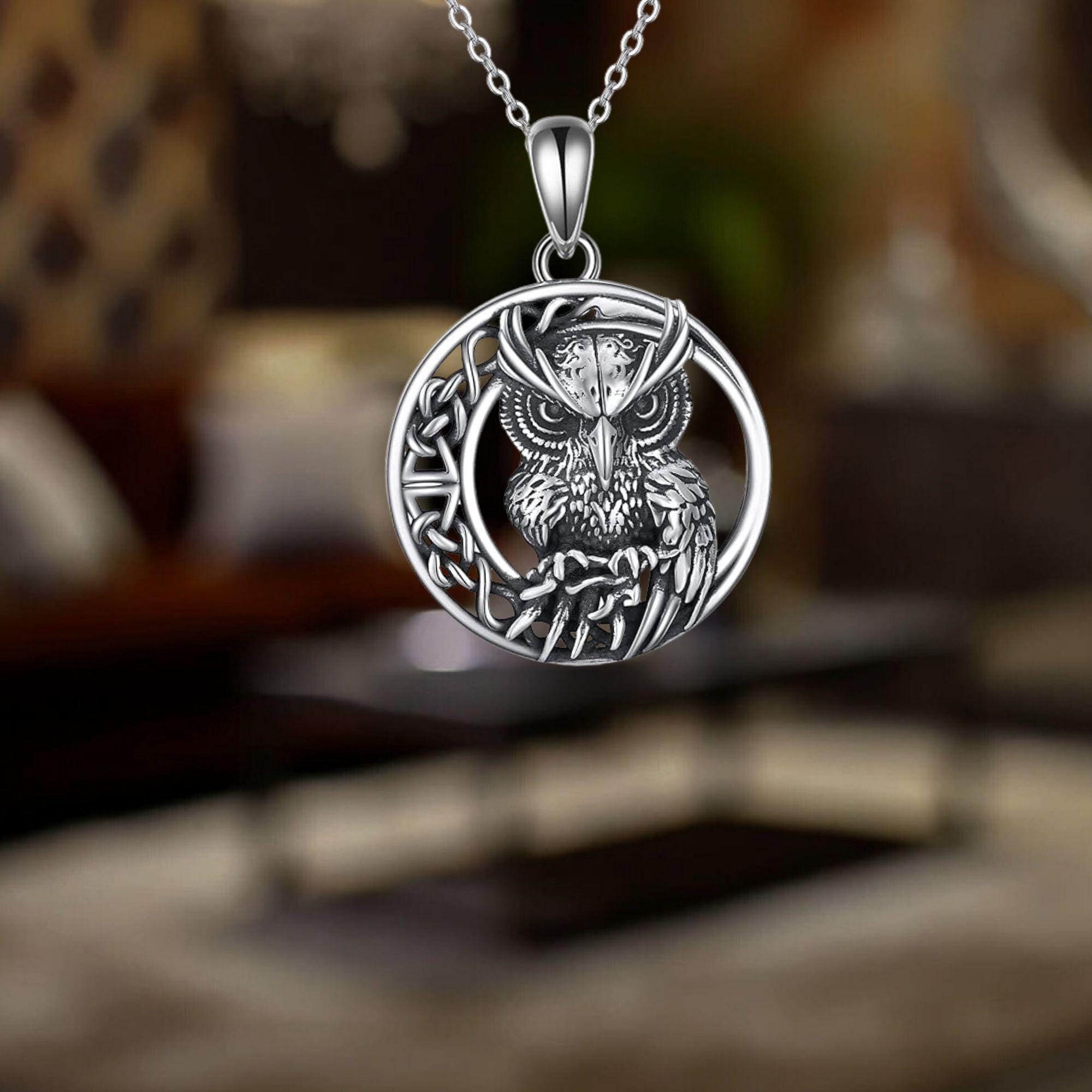 Owl Necklace Celtic Moon 925 Sterling Silver Celtic Knot Symbol Owl Necklace for Men And Women