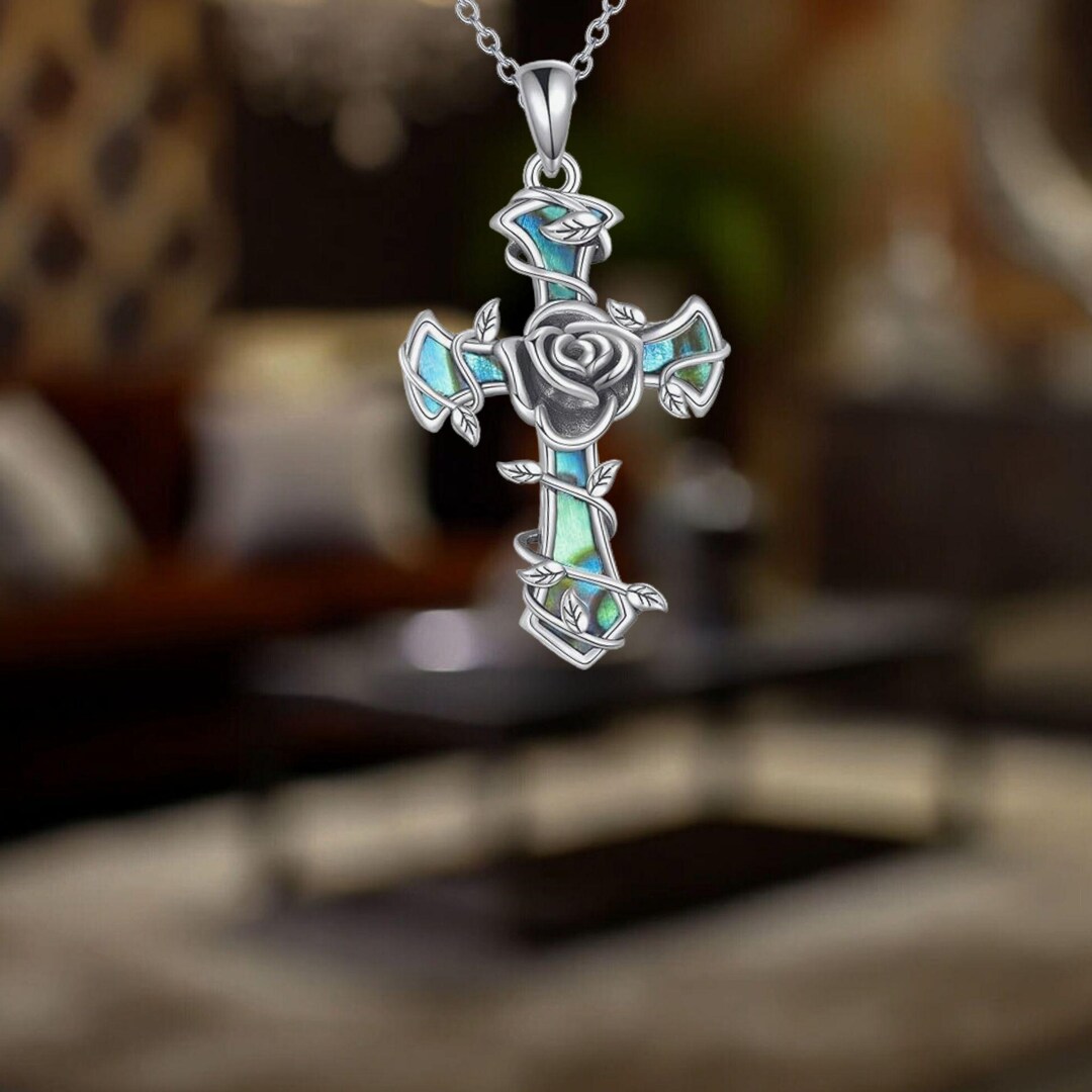 Christian Rose Cross Necklace for Women 925 Sterling Silver Abalone ...