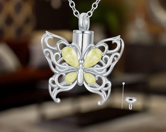 Silver Butterfly Crystal Urn Necklace 925 Sterling Silver Cremation Jewelry for Ashes