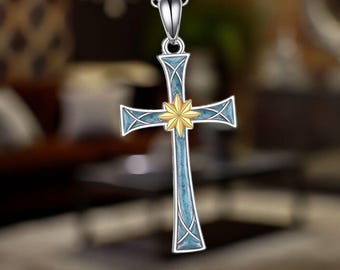 Collar con cruz turquesa para mujer, collar con cruz de flores, joyería cristiana para mujer