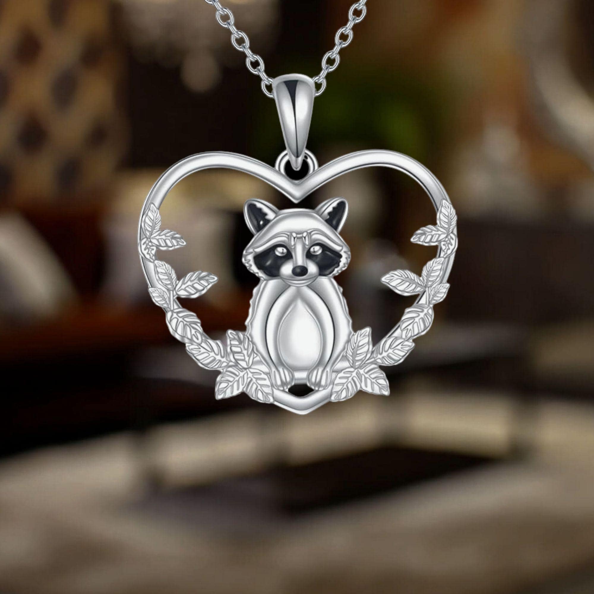 925 Silber Waschbär Anhänger Kette Mit Herz – Niedliches Tier Schmuckstück Für Damen & Mädchen