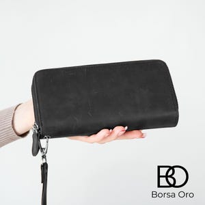 Carteira de couro feita à mão, bolsa de couro feminina, carteira de presente para ela, bolsa de couro, couro genuíno, feita à mão - PRETA