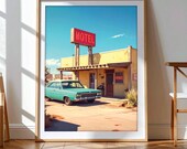 Blu Motel, Art mural imprimable, décoration murale American style, miami, california road trip, travel Route 66, american summer, vintage