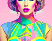 Chromatic, portrait aux teintes de rose et vert,  Pop Art au motifs graphiques audacieux, pour une décoration moderne et pleine de peps