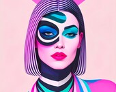 Vibration Rose, portrait pop et vibrant mêlant nuances de rose, bleu et turquoise pour une explosion visuelle unique, pour décoration murale