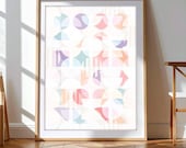 Geometrie, Art mural imprimable, décoration murale géométrique tons pastel mêlant douceur et légèreté, teintes apaisantes sur toile blanche