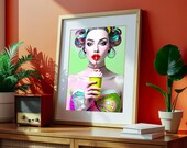 Hypnose Pop, portrait aux teintes de rose et vert,  Pop Art au motifs graphiques audacieux, pour une décoration moderne et pleine de peps