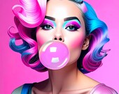 Marilyn, portrait pop et vibrant mêlant nuances de rose, bleu et turquoise pour une explosion visuelle unique, pour décoration murale