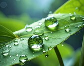 Emeraude, Photographie artistique en couleur capturant la nature, photo macro, gros plan de feuillages vert et gouttelettes