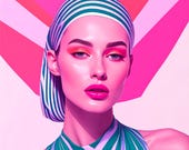 Electric Diva, portrait aux teintes de rose et vert,  Pop Art au motifs graphiques audacieux, pour une décoration moderne et pleine de peps