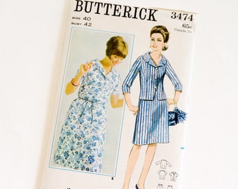 Vintage 1960s Womens Size 40 Two Piece Dress Butterick Sewing Pattern 3474 FACTORY Folds Sleeve Options Skirt Suit, b42 w34